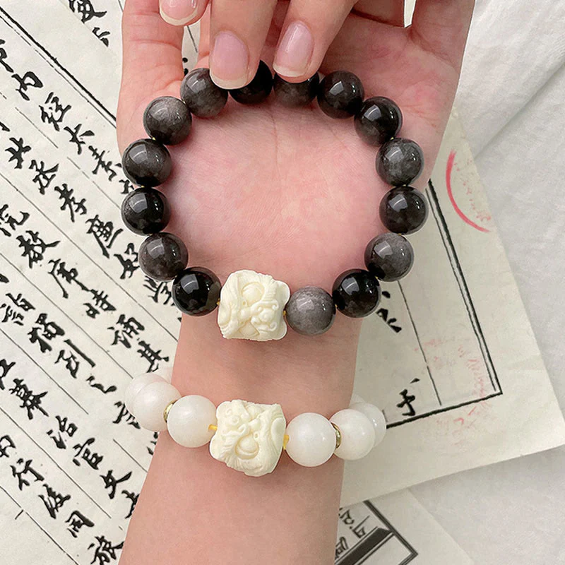 Braccialetto di protezione con leone danzante , Buddha Stones di avorio, seme di Bodhi, pietre di Buddha, argento lucido e ossidiana - Image 4