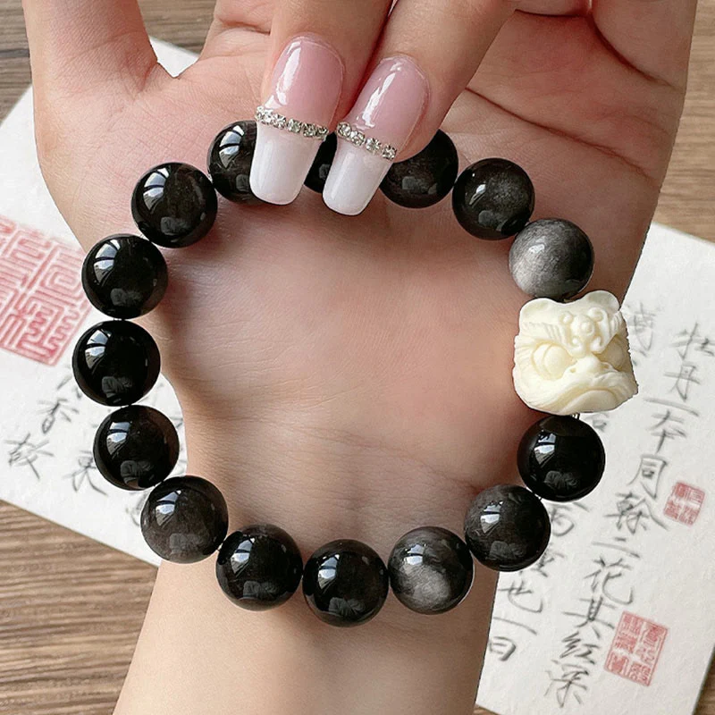 Braccialetto di protezione con leone danzante , Buddha Stones di avorio, seme di Bodhi, pietre di Buddha, argento lucido e ossidiana - Image 7