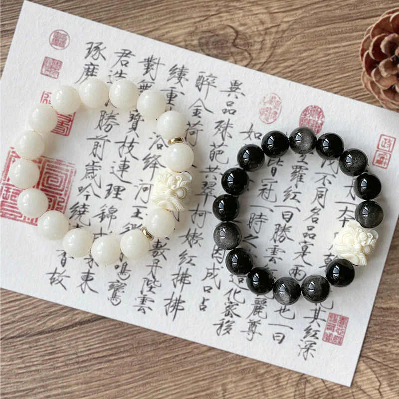 Braccialetto di protezione con leone danzante , Buddha Stones di avorio, seme di Bodhi, pietre di Buddha, argento lucido e ossidiana - Image 9