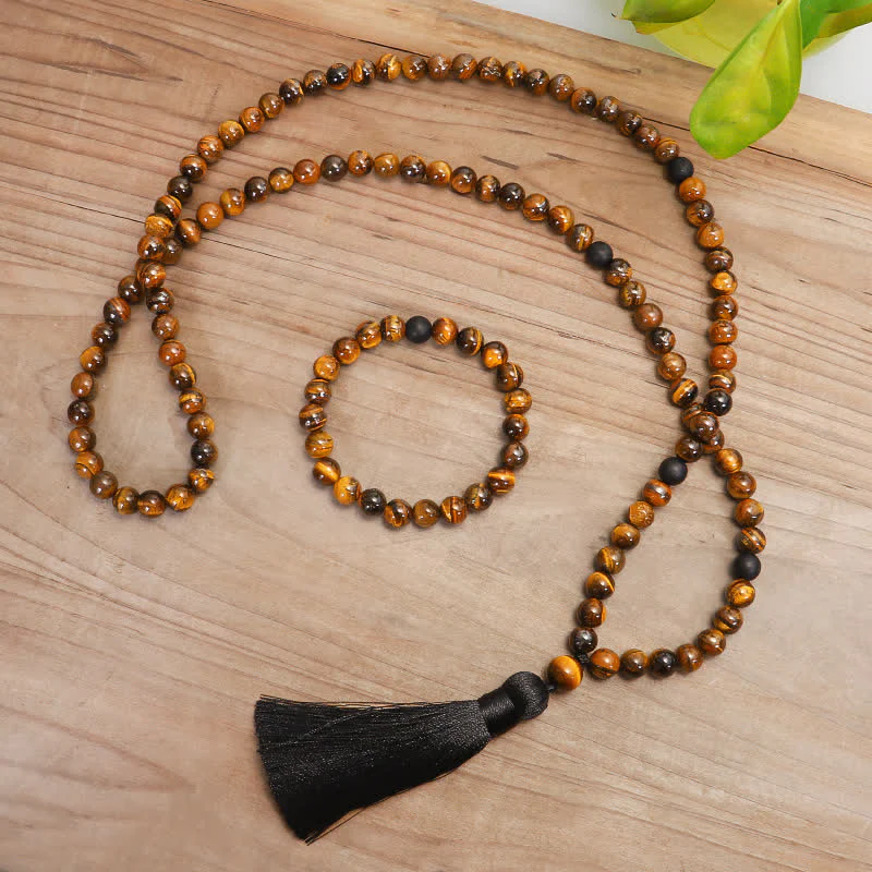 Braccialetto di protezione con nappa in occhio di tigre Buddha Stones, 108 perline Mala - Image 2