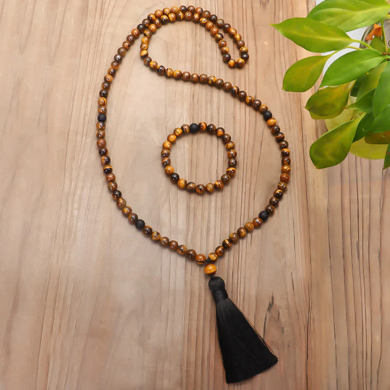 Braccialetto di protezione con nappa in occhio di tigre Buddha Stones, 108 perline Mala - Image 3