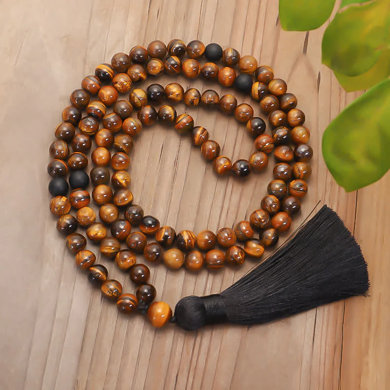 Braccialetto di protezione con nappa in occhio di tigre Buddha Stones, 108 perline Mala - Image 9