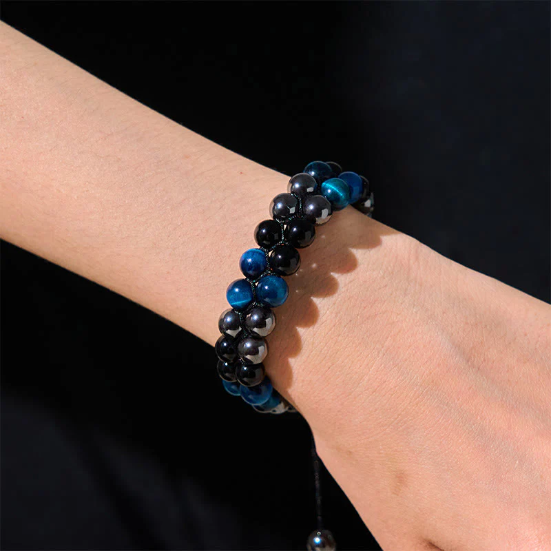 Braccialetto di protezione con perline a doppia fila in occhio di tigre Buddha Stones naturale, magnetite nera e ossidiana nera - Image 5
