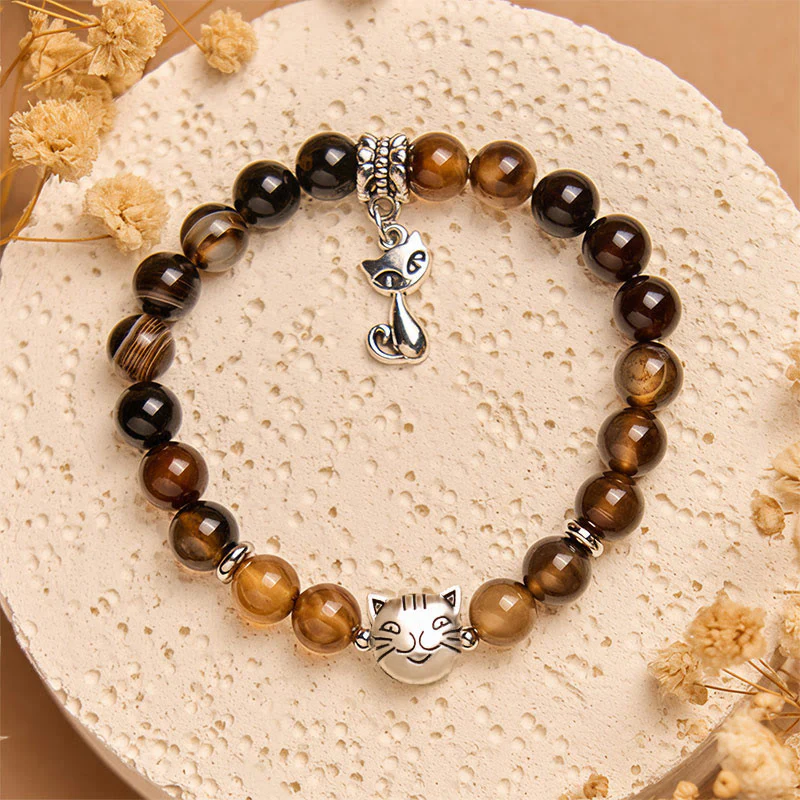 Braccialetto di protezione con perline di agata striata marrone scuro e gatto siamese color cioccolato Buddha Stones - Image 3