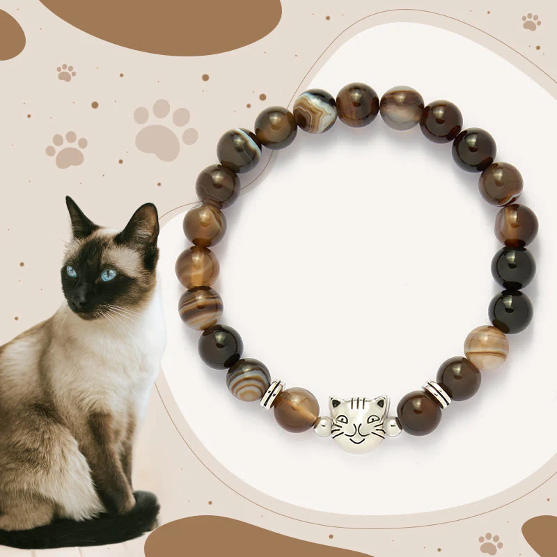 Braccialetto di stabilità con perline di agata marrone striata naturale a forma di gatto siamese color cioccolato Buddha Stones