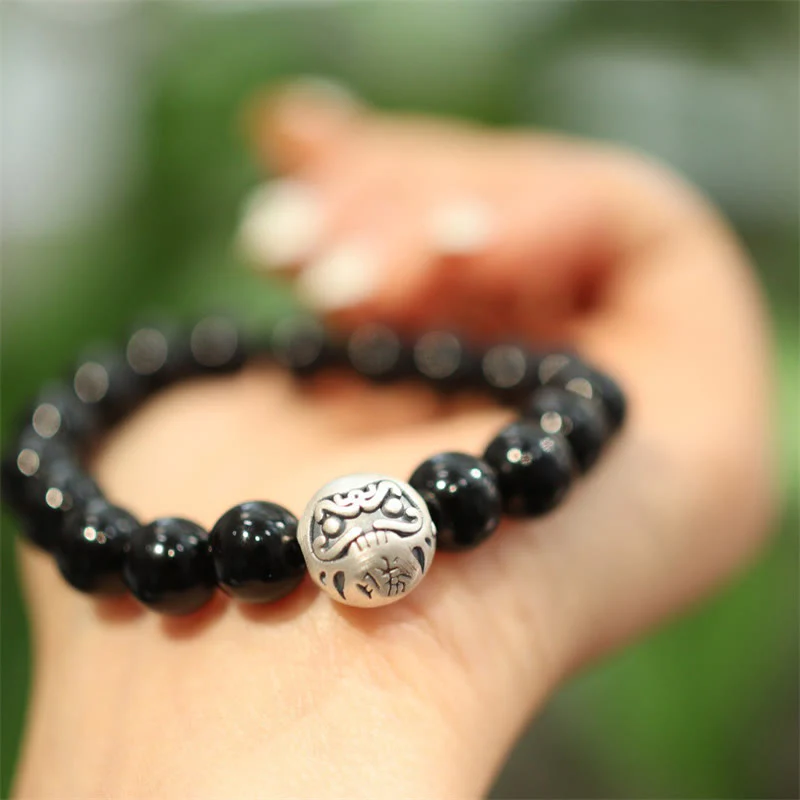 Braccialetto di protezione con perline di onice nero in argento sterling 925 Buddha Stones con incisione del personaggio - Image 5