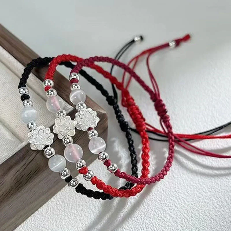 Braccialetto di protezione con perline occhio di gatto in argento sterling 999 con motivo a loto Buddha Stones - Image 2