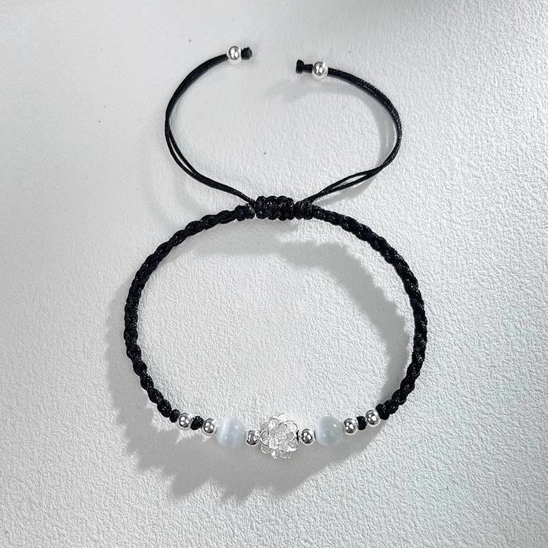 Braccialetto di protezione con perline occhio di gatto in argento sterling 999 con motivo a loto Buddha Stones - Image 5