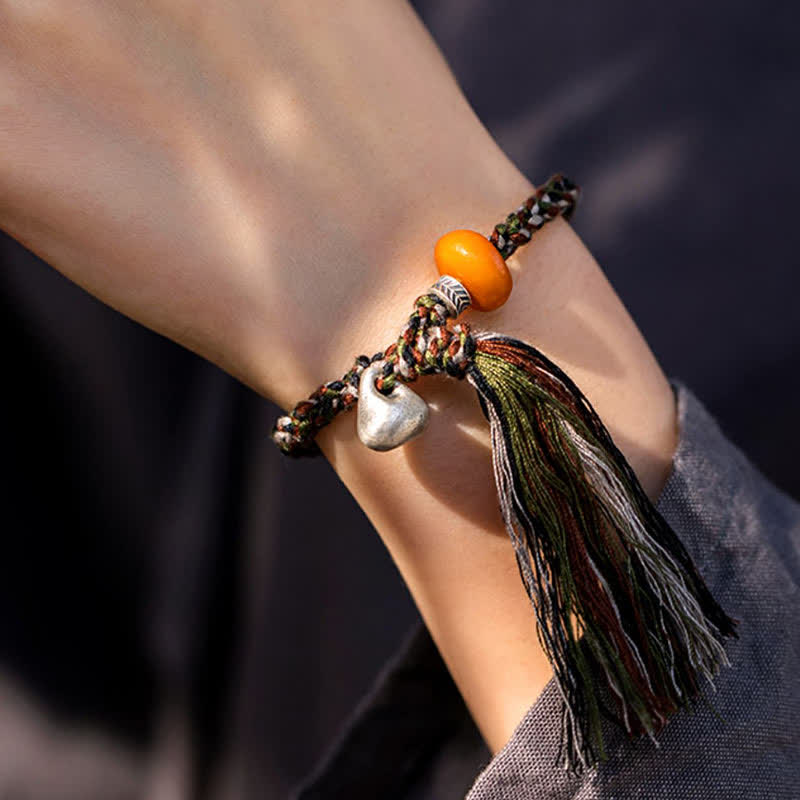 Braccialetto di protezione dei desideri con peso in ambra tibetana fatto a mano in argento sterling 990 - Image 4