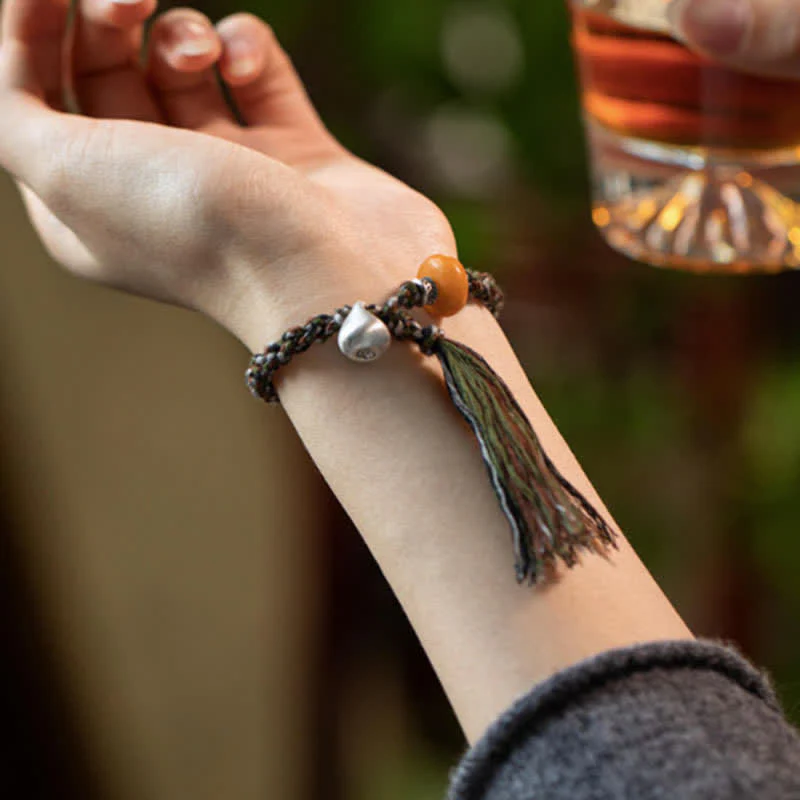 Braccialetto di protezione dei desideri con peso in ambra tibetana fatto a mano in argento sterling 990 - Image 5