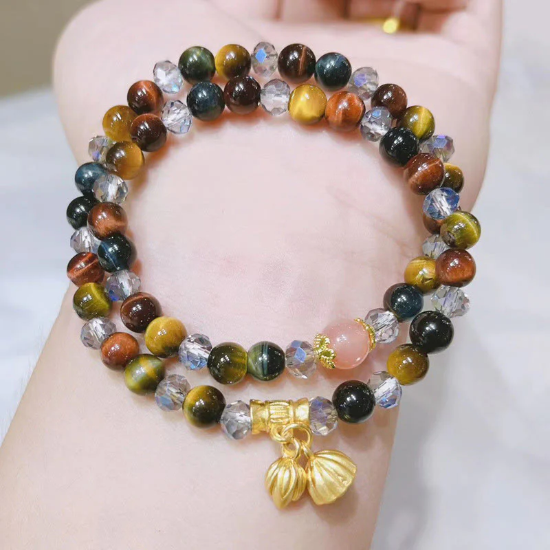 Braccialetto di protezione elastico multi-cerchio con occhio di tigre colorato Buddha Stones Lotus - Image 4