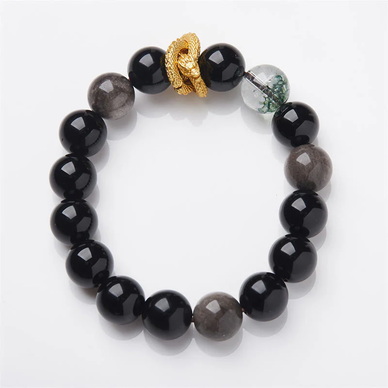 Braccialetto di protezione fantasma verde drago in ossidiana lucida argento naturale Buddha Stones - Image 2
