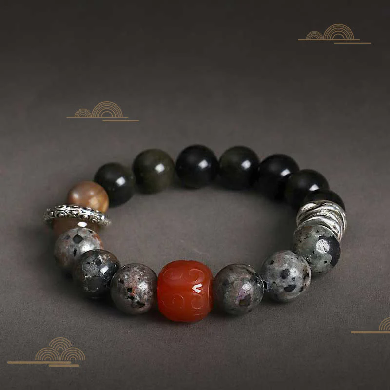 Braccialetto di protezione in agata rossa, ossidiana, pietra lavica e pietre dorate Buddha Stones - Image 3