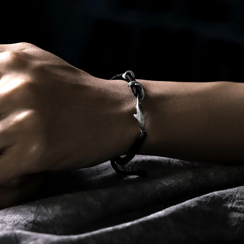 Braccialetto di protezione in corda di cera nera con squalo in argento sterling 999 Buddha Stones - Image 14
