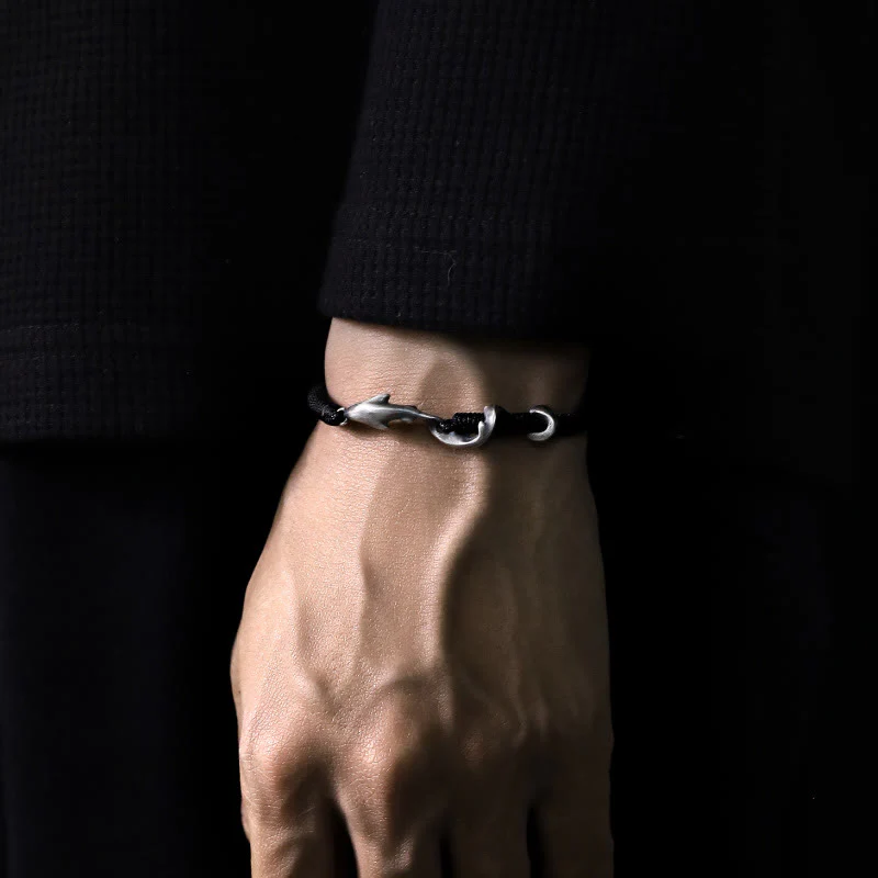 Braccialetto di protezione in corda di cera nera con squalo in argento sterling 999 Buddha Stones - Image 15