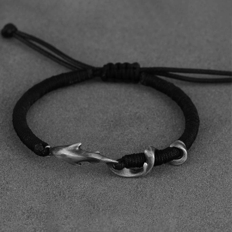 Braccialetto di protezione in corda di cera nera con squalo in argento sterling 999 Buddha Stones - Image 2