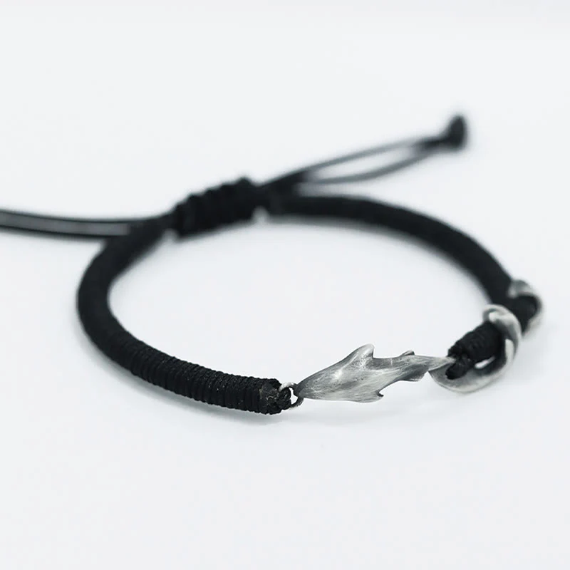 Braccialetto di protezione in corda di cera nera con squalo in argento sterling 999 Buddha Stones - Image 4