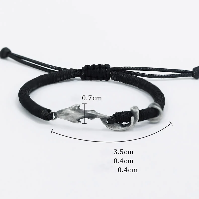 Braccialetto di protezione in corda di cera nera con squalo in argento sterling 999 Buddha Stones - Image 9