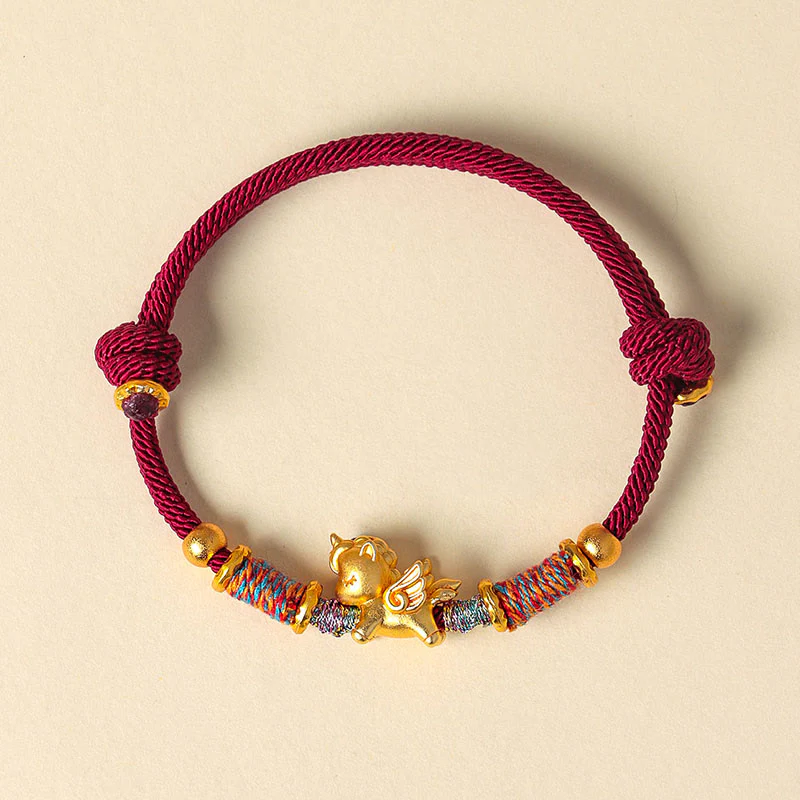 Braccialetto di protezione in corda intrecciata placcato oro con Buddha Stones Anno del Cavallo in argento sterling 999 - Image 3