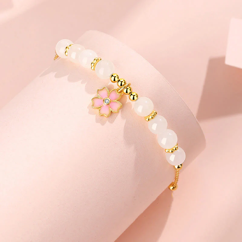 Braccialetto di protezione in giada bianca Hetian con fiori di ciliegio in argento sterling 925 Buddha Stones - Image 2