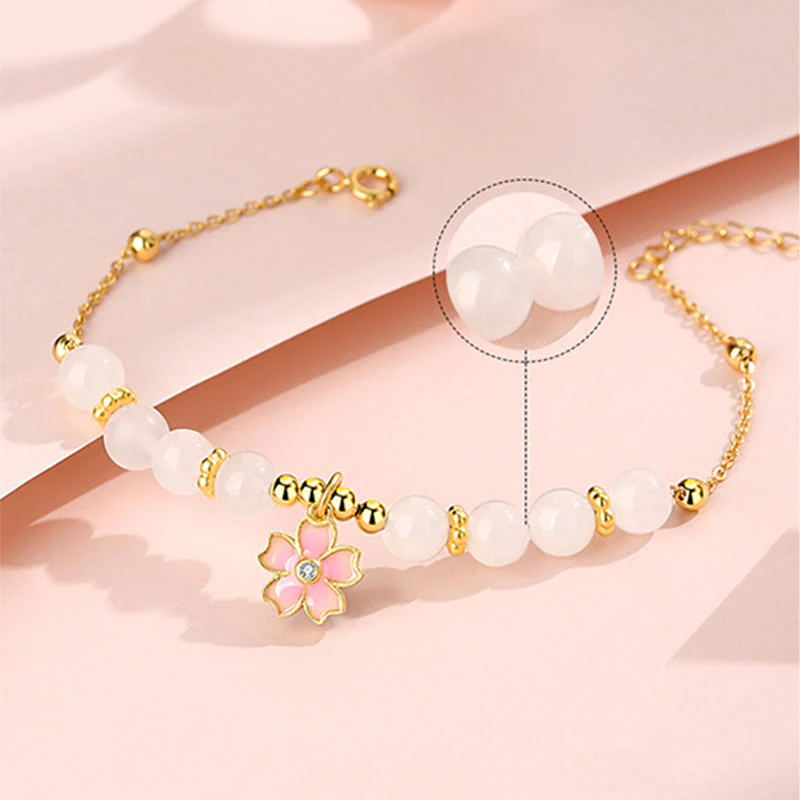 Braccialetto di protezione in giada bianca Hetian con fiori di ciliegio in argento sterling 925 Buddha Stones - Image 5
