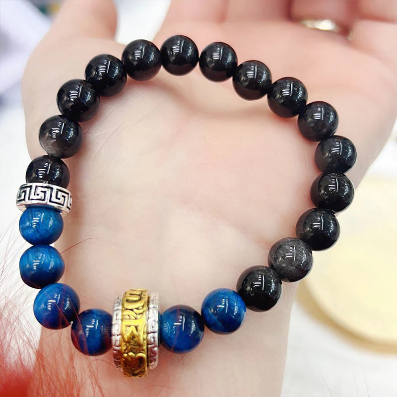 Braccialetto di protezione in occhio di tigre blu ossidiana e argento lucido Buddha Stones - Image 9