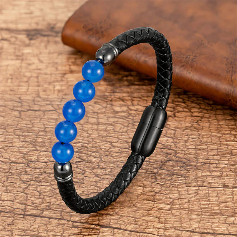 Braccialetto di protezione in pelle con perline di lapislazzuli , Buddha Stones blu, occhio di tigre, onice nero e pietra lavica - Image 2