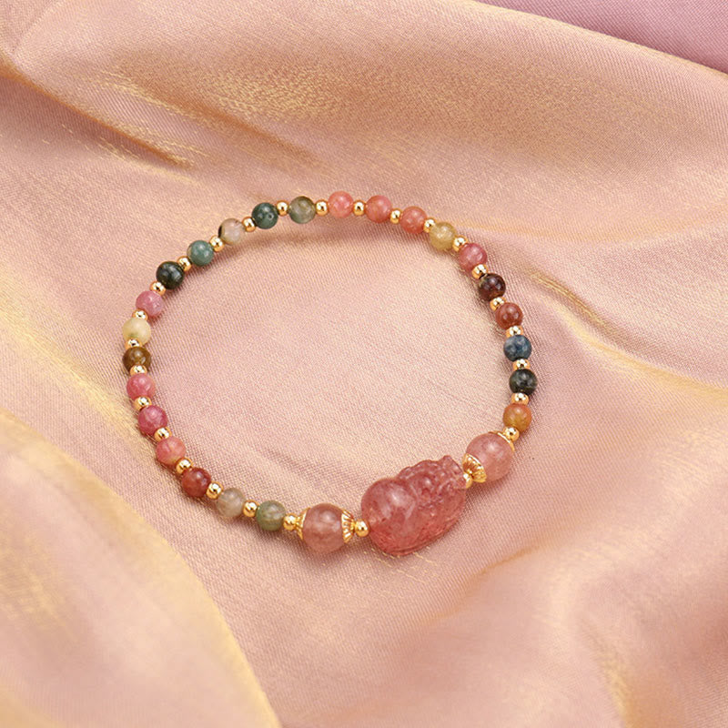 Braccialetto di protezione in pietra di luna PiXiu con quarzo fragola, tormalina naturale e granato Buddha Stones