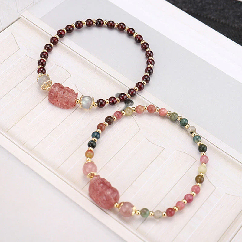 Braccialetto di protezione in pietra di luna PiXiu con quarzo fragola, tormalina naturale e granato Buddha Stones - Image 2