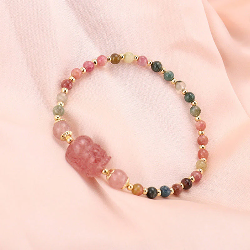Braccialetto di protezione in pietra di luna PiXiu con quarzo fragola, tormalina naturale e granato Buddha Stones - Image 3