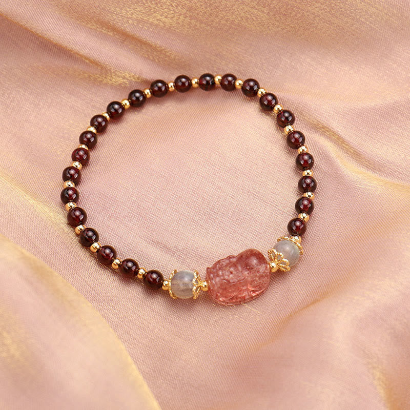 Braccialetto di protezione in pietra di luna PiXiu con quarzo fragola, tormalina naturale e granato Buddha Stones - Image 6