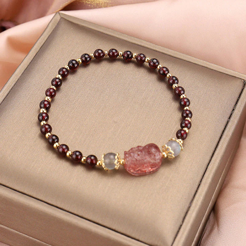 Braccialetto di protezione in pietra di luna PiXiu con quarzo fragola, tormalina naturale e granato Buddha Stones - Image 7