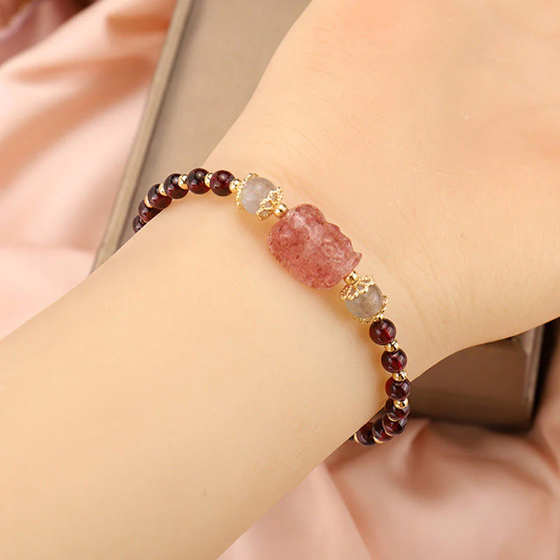 Braccialetto di protezione in pietra di luna PiXiu con quarzo fragola, tormalina naturale e granato Buddha Stones - Image 8