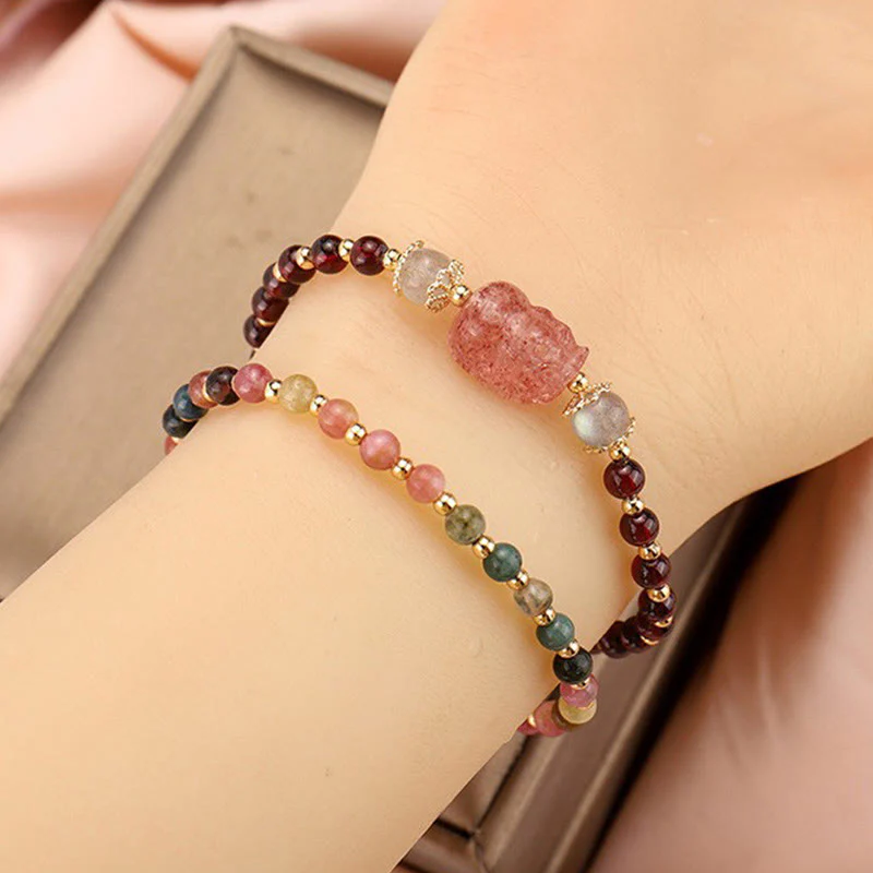 Braccialetto di protezione in pietra di luna PiXiu con quarzo fragola, tormalina naturale e granato Buddha Stones - Image 9