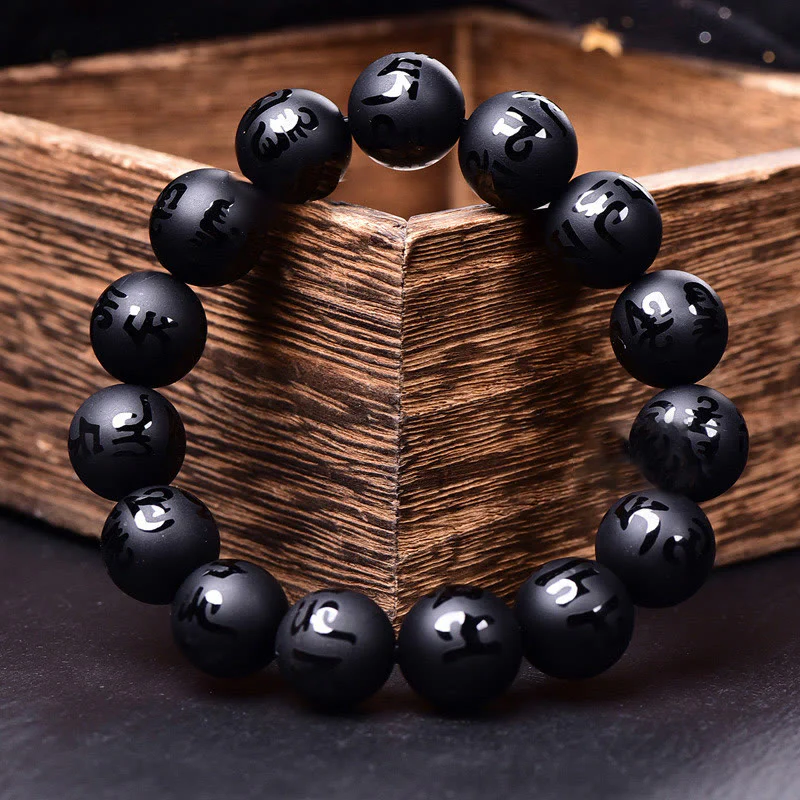 Braccialetto di protezione intagliato in onice nero naturale Om Mani Padme Hum Buddha Stones - Image 2