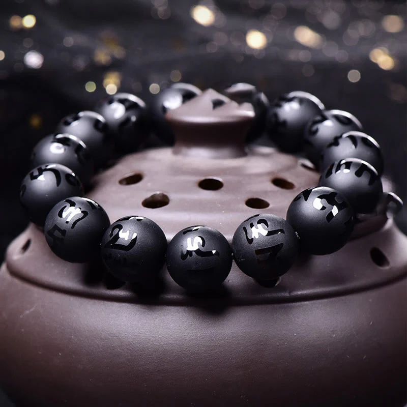 Braccialetto di protezione intagliato in onice nero naturale Om Mani Padme Hum Buddha Stones - Image 3