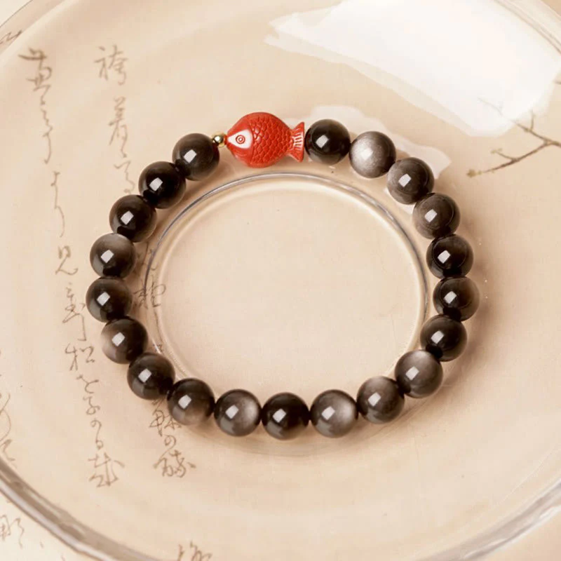 Braccialetto di protezione lenitiva con pesce koi, ossidiana, cinabro, argento naturale e Buddha Stones - Image 2