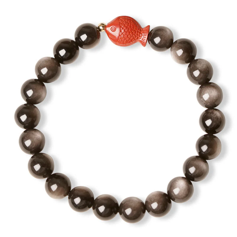 Braccialetto di protezione lenitiva con pesce koi, ossidiana, cinabro, argento naturale e Buddha Stones - Image 6