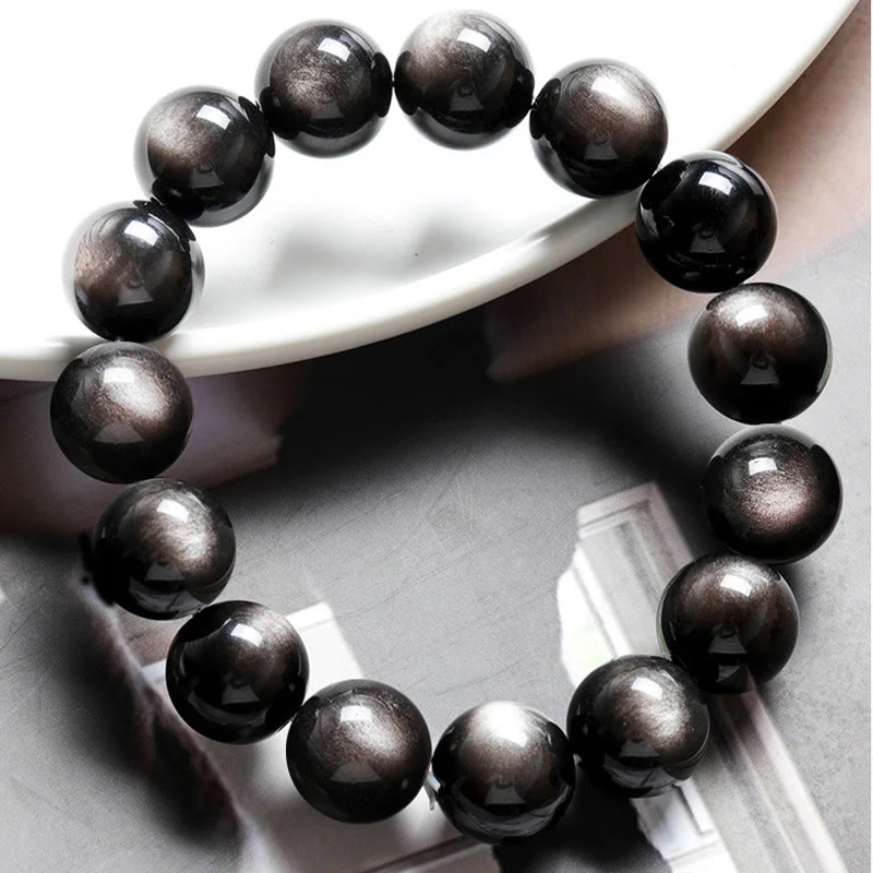 Braccialetto di protezione lenitiva in ossidiana lucida d'argento naturale Buddha Stones - Image 10