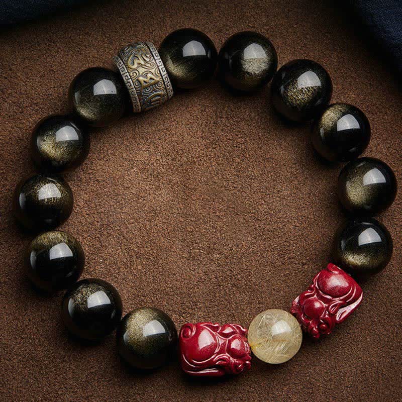 Braccialetto di protezione Om Mani Padme Hum in ossidiana lucida dorata Buddha Stones PiXiu Cinnabar - Image 10