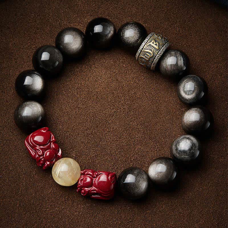 Braccialetto di protezione Om Mani Padme Hum in ossidiana lucida dorata Buddha Stones PiXiu Cinnabar - Image 11