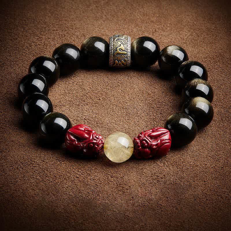 Braccialetto di protezione Om Mani Padme Hum in ossidiana lucida dorata Buddha Stones PiXiu Cinnabar - Image 12
