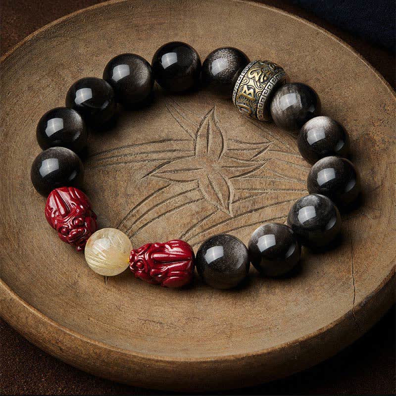 Braccialetto di protezione Om Mani Padme Hum in ossidiana lucida dorata Buddha Stones PiXiu Cinnabar - Image 13