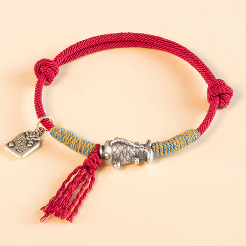 Braccialetto di protezione per pesci koi portafortuna in corda rossa in argento sterling 999 Buddha Stones