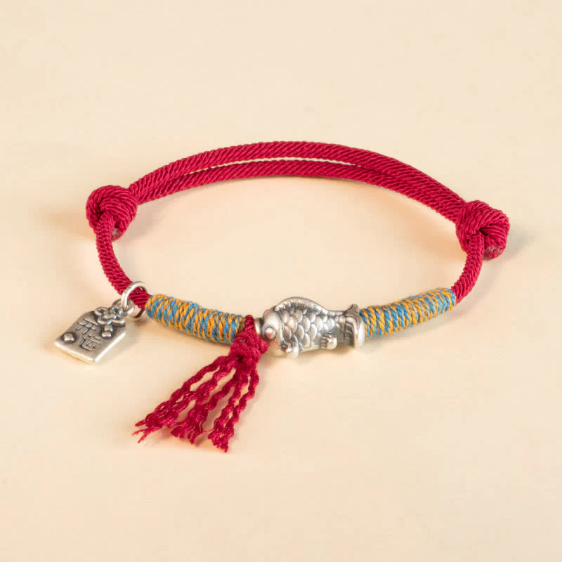Braccialetto di protezione per pesci koi portafortuna in corda rossa in argento sterling 999 Buddha Stones - Image 10