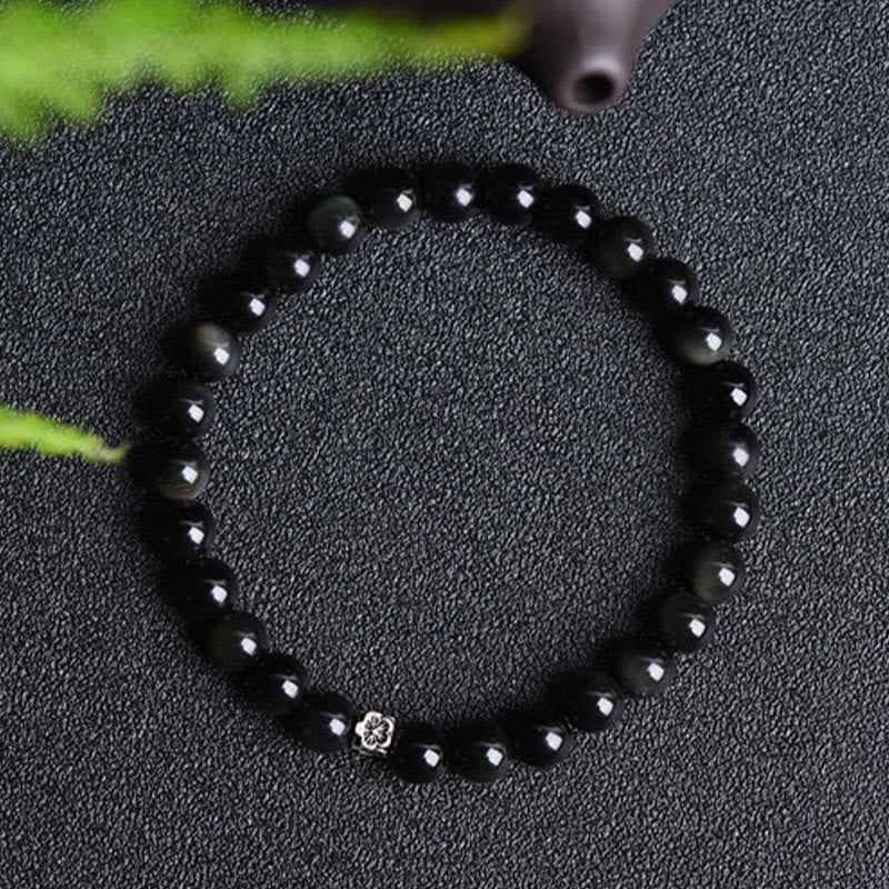 Braccialetto di purificazione Buddha Stones di ossidiana nera in argento sterling 925 e design floreale - Image 3
