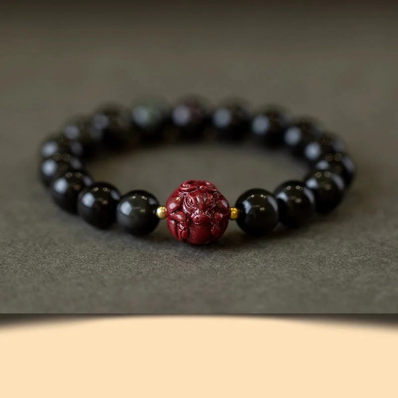 Braccialetto di purificazione naturale in ossidiana nera e cinabro dello zodiaco cinese Buddha Stones - Image 4