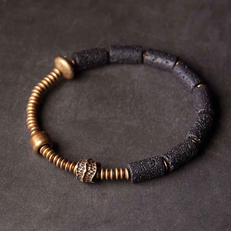 Braccialetto di rame con perle di lava nera, Buddha Stones, fortuna e ricchezza