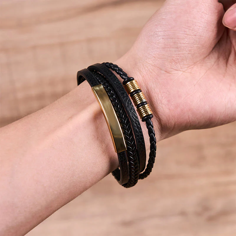Braccialetto di rinforzo con fibbia magnetica intrecciata a mano in acciaio al titanio e pelle Buddha Stones Fashion - Image 18