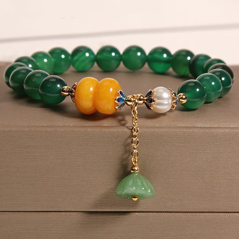 Braccialetto di supporto con baccello di loto in agata verde e perla Buddha Stones
